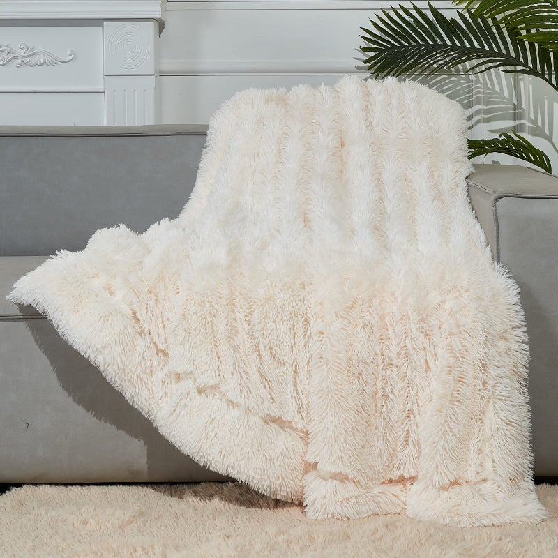 GONAAP Fuzzy Faux Fur Throw Blanket Ivory Super Soft Cozy Plush Fuzzy Shaggy Blanket for Couch Sofa Bed (Ivory, Throw(50"x60")) - Image 1